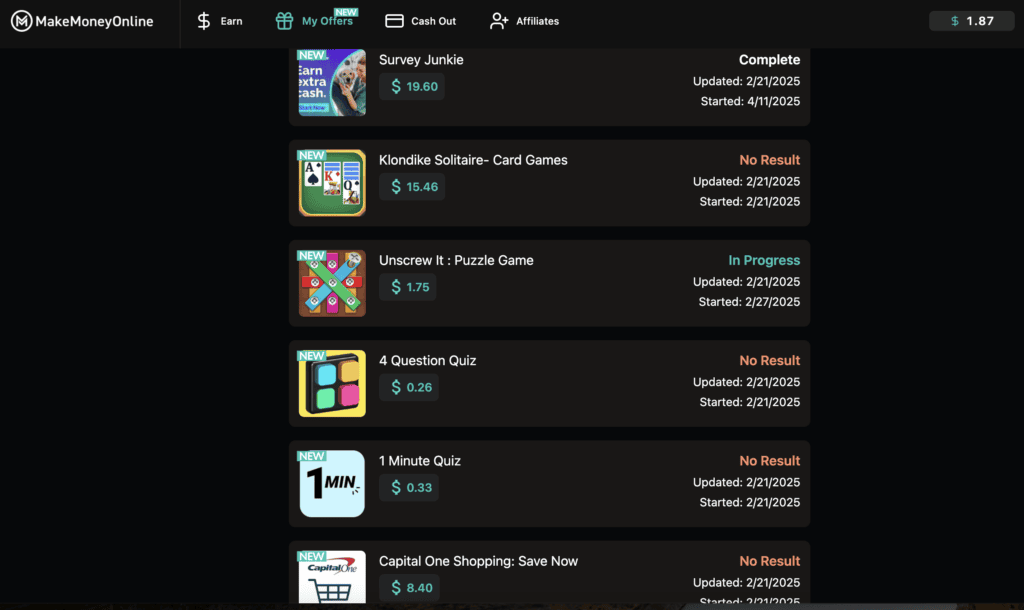 Here is a screenshot of my account to show you some of the tasks I tried on the MakeMoneyOnline site.